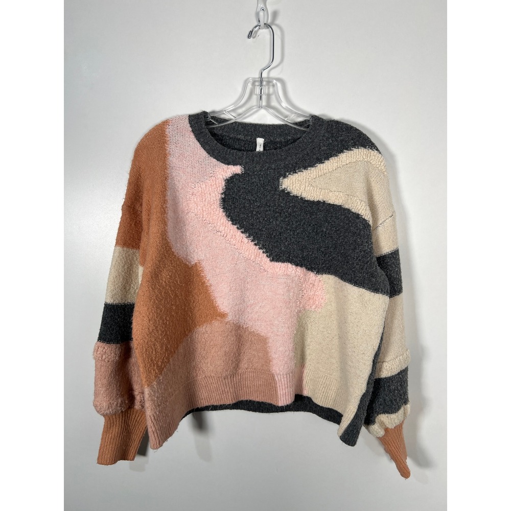 Dreamers by Debut Abstract Colorblock Knit Sweater Pink Gray Tan Small
